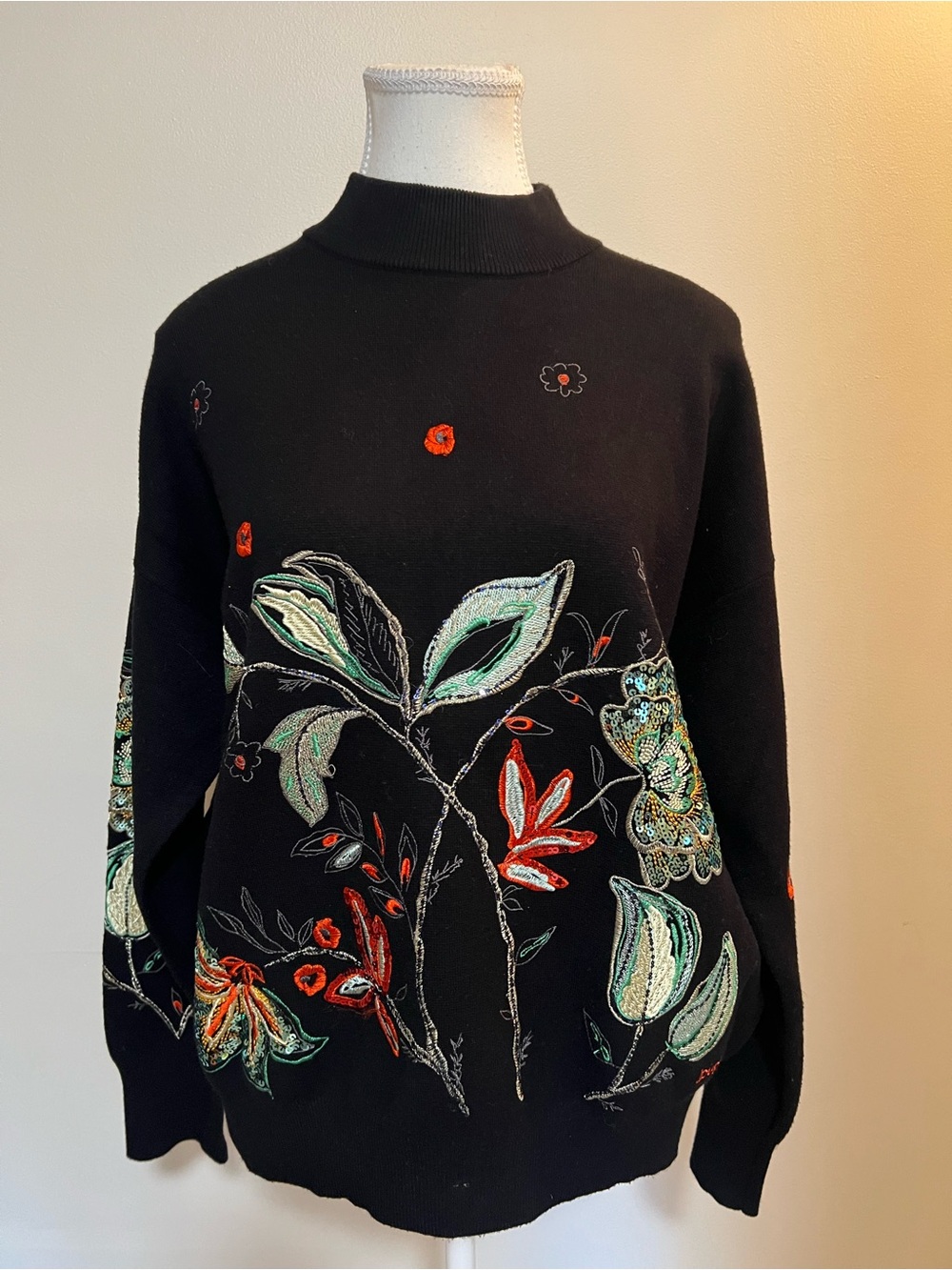 Desigual Black Floral Embroidered Turtleneck Sweater